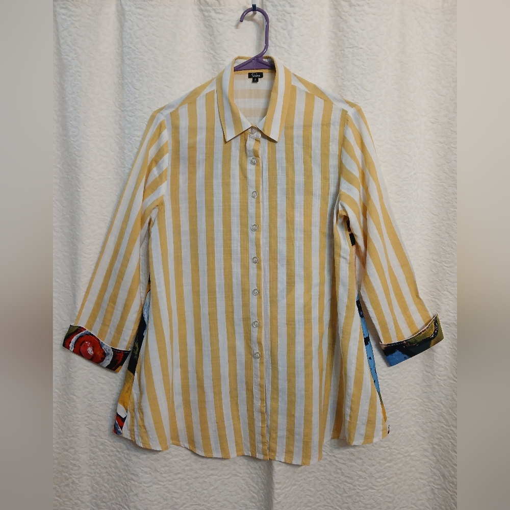 Shana Women's White And Yellow Stiped, Button Down Shirt.